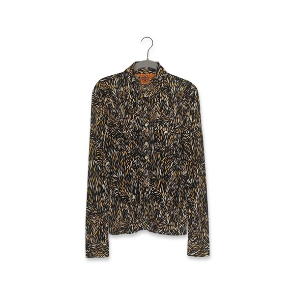 Tory Burch Tops - Tory Burch Black Gray Yellow and Cream Patterned 100% Silk Long Sleeve Top